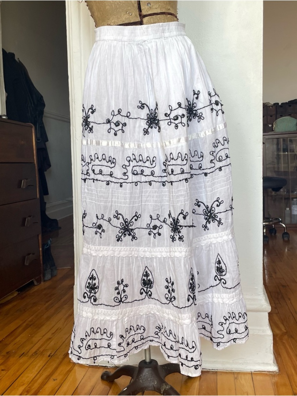 Y2K Angels White Bohemian Embroidered Maxi Skirt with Black Detail